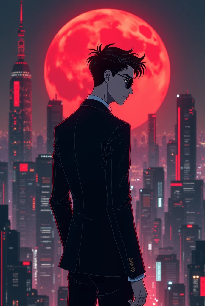 Show me a animated picture of a vampire asian young man with a slim body wearing a shades and black fitted blazer turning his back in the background featuring night city and red moon