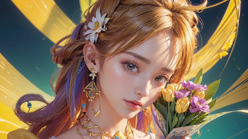 32K, 最高quality, 最高masterpiece, (ultra-Detailed Background, Detailed Background), High resolution, Super detailed, Very detailedな, 1 personの, (bouquet:1.3), (Tangled:1.2), (Geometric:1.2),(colorful),(masterpiece, quality, best quality, Official Art, Beautiful and beautiful:1.2), (1 person:1.3), Very detailed,(colorful:1.1)(Flowers:1.3),Most detailed,(Tangled:1.2), whole body, (Abstract background:1.3), (Skin glows), (Many colors:1.4), ,(Earrings Jewelry:1.5), Yellow background, It's imaginative., Milk tea colored hair, Updo,