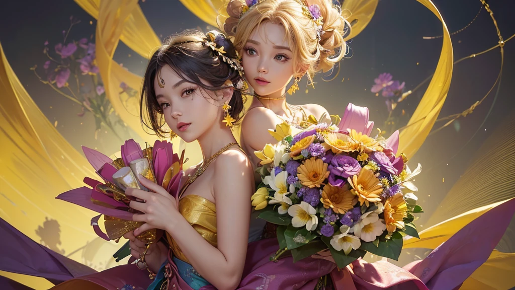 32K, 最高quality, 最高masterpiece, (ultra-Detailed Background, Detailed Background), High resolution, Super detailed, Very detailedな, 1 personの, (bouquet:1.3), (Tangled:1.2), (Geometric:1.2),(colorful),(masterpiece, quality, best quality, Official Art, Beautiful and beautiful:1.2), (1 person:1.3), Very detailed,(colorful:1.1)(Flowers:1.3),Most detailed,(Tangled:1.2), whole body, (Abstract background:1.3), (Skin glows), (Many colors:1.4), ,(Earrings Jewelry:1.5), Yellow background, It's imaginative., Milk tea colored hair, Updo,