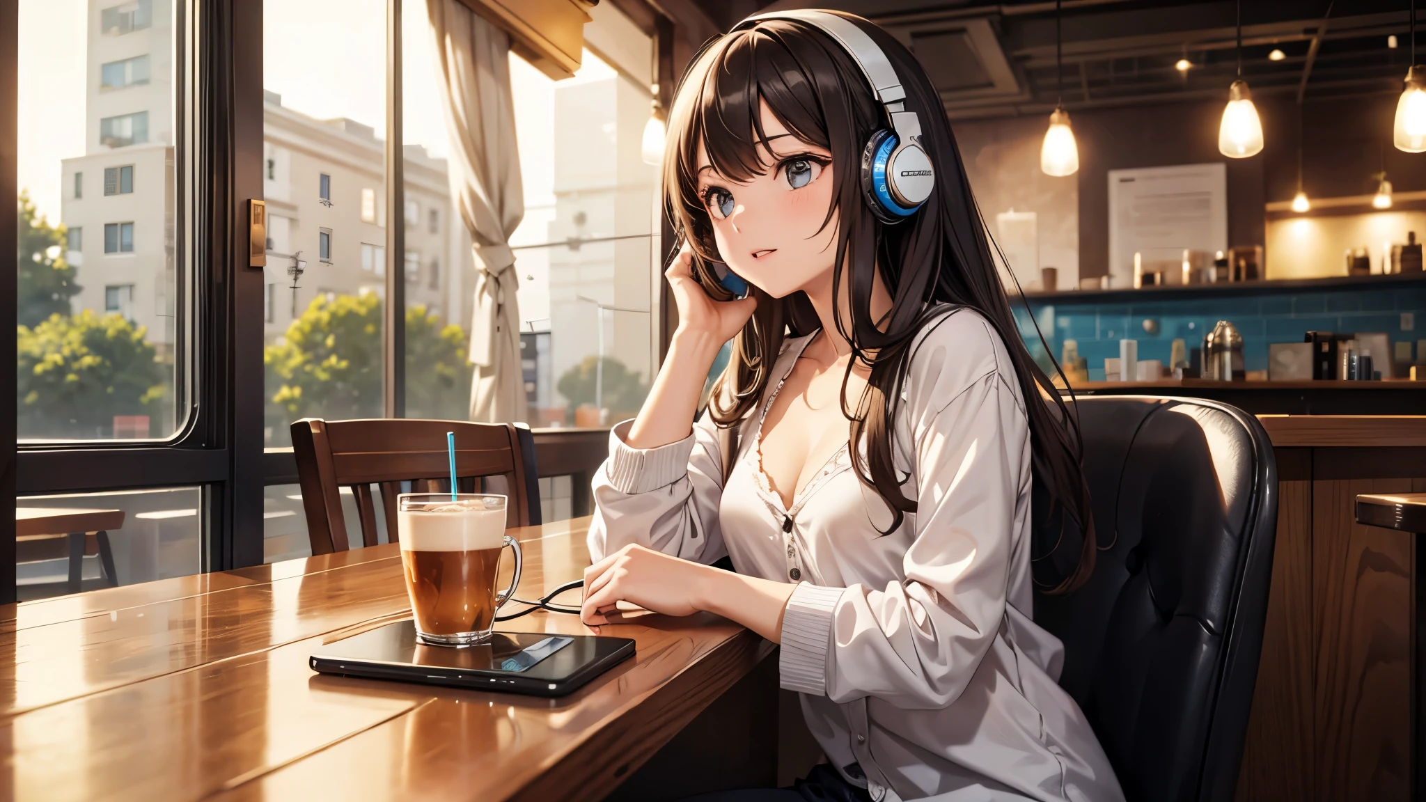 Girl with headphones enjoying music in a cafe I am studying Emphasize a little bit of the chest