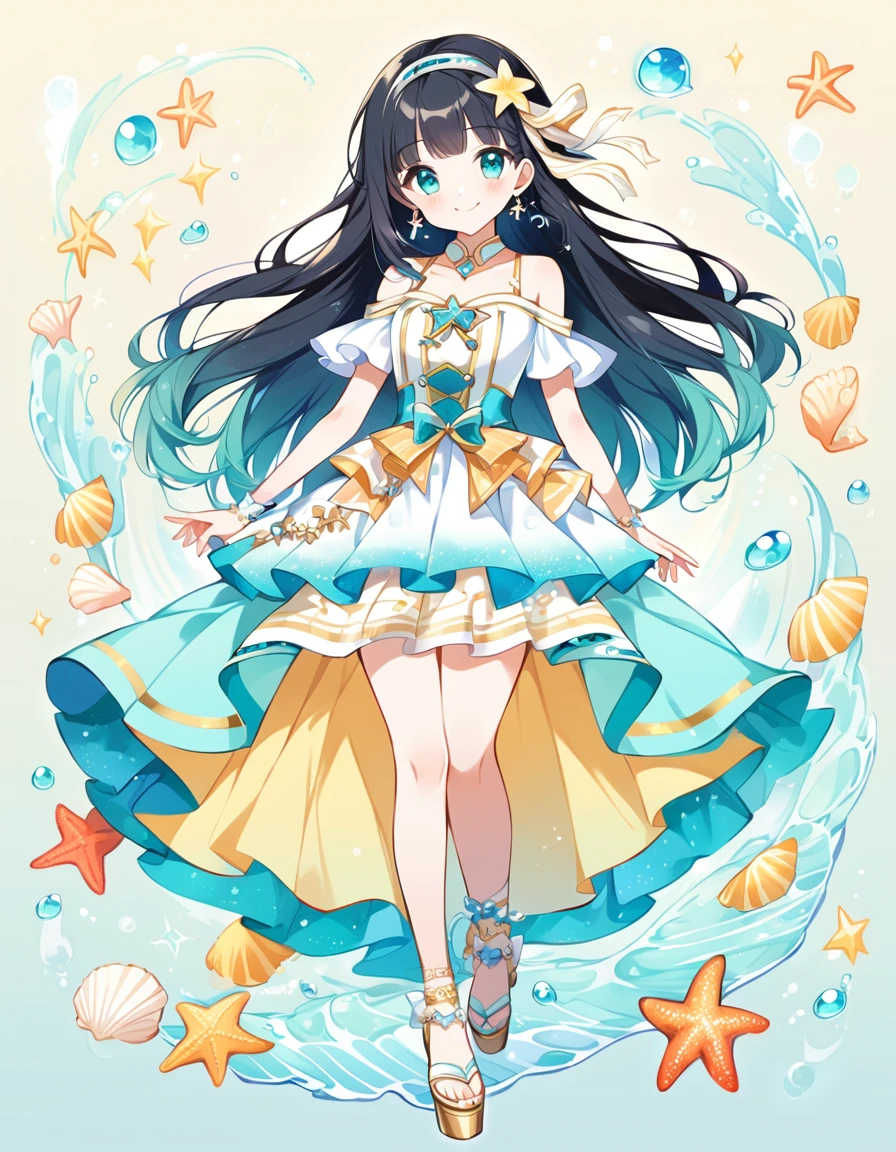 Girl, cute, adorable, full body, smiling, straight hair, long hair, black hair,
Marine Melody Idol-inspired costume, featuring motifs of seaside dreams with shells and starfish, with a color palette of turquoise and sun yellow,
(one-piece), costume includes a fitted top with shell-shaped embellishments and starfish motifs in shimmering turquoise and gold, neckline is off-the-shoulder, adorned with delicate ruffles,skirt is a flowing, ankle-length design with layers of chiffon and satin, creating a breezy, oceanic effect, hemline features embroidered waves and pearl accents, platform sandals, Accessories include a headband and starfish earrings,