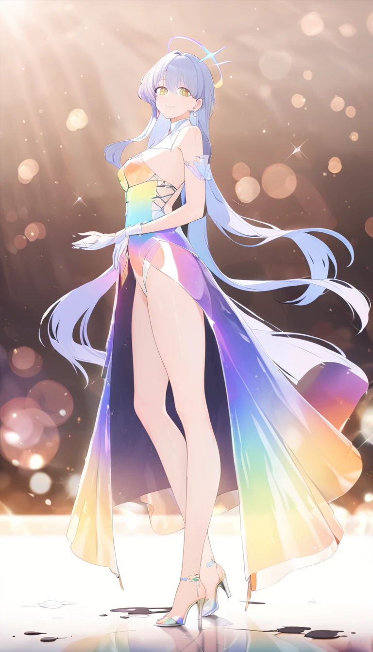  ((high detail, high quality, best picture, Masterpiece, 8k, delicate and dynamic depiction)),full body standing, sexy pose, A tall, beautiful woman in her 20s with medium breasts, Luminous design, shiny glossy iridescent clothes, shiny glossy gradient iridescent clothes, shiny reflective clothes, pastel colors, ink drops, morning lights, Bokeh, Pale, soft gradient