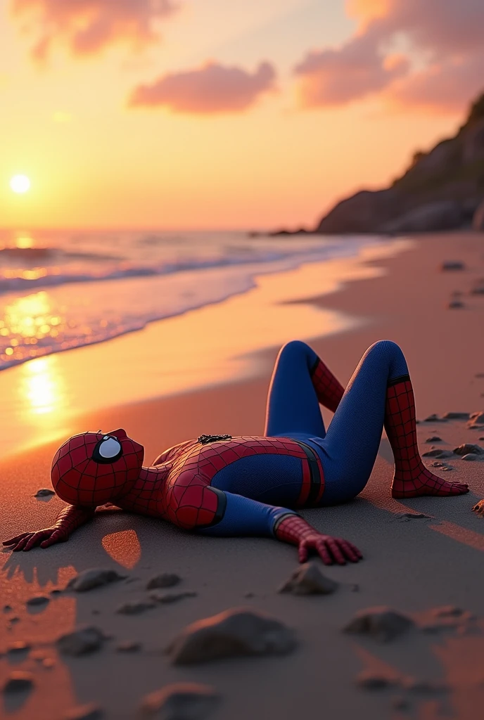 Create Spider-Man sitting on his back on the beach at dusk
