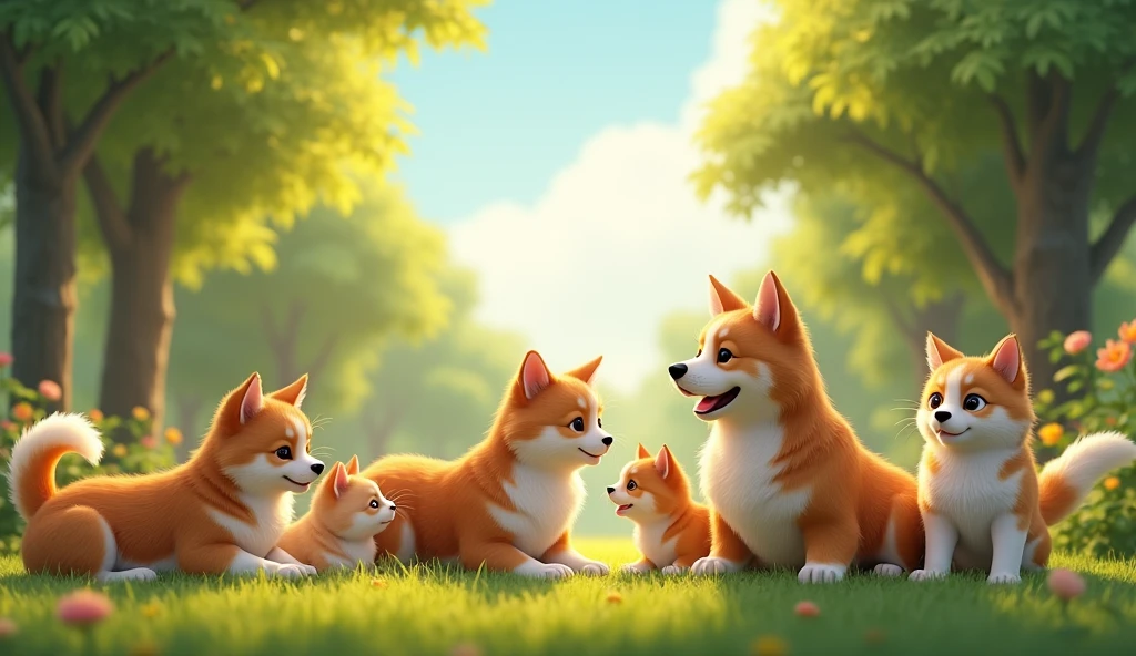 A beautiful outdoor scene featuring a group of (((ultra-realistic))) and (((detailed))) cats and dogs in a lush, green park during the morning. The animals interact naturally with their environment—cats lounging in the early sunlight, dogs playing together, and birds perched on tree branches. The image should have perfect lighting, capturing the soft, golden hues of the morning light, with every feature of the animals—eyes, ears, noses, fur, feathers, and limbs—being 100% accurate and lifelike. The background includes vibrant flowers, tall trees, and a clear blue sky, all contributing to a serene, peaceful atmosphere. The image should be sharp, hyper-realistic, ultra-realistic, high-quality, high-definition quality, 8K.