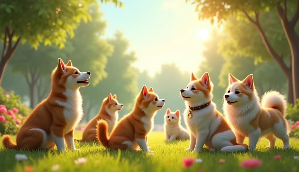 A beautiful outdoor scene featuring a group of (((ultra-realistic))) and (((detailed))) cats and dogs in a lush, green park during the morning. The animals interact naturally with their environment—cats lounging in the early sunlight, dogs playing together, and birds perched on tree branches. The image should have perfect lighting, capturing the soft, golden hues of the morning light, with every feature of the animals—eyes, ears, noses, fur, feathers, and limbs—being 100% accurate and lifelike. The background includes vibrant flowers, tall trees, and a clear blue sky, all contributing to a serene, peaceful atmosphere. The image should be sharp, hyper-realistic, ultra-realistic, high-quality, high-definition quality, 8K.