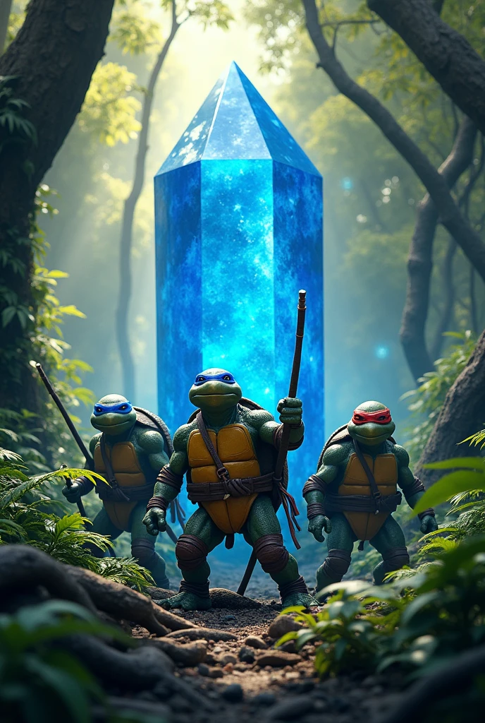 age Mutant Ninja Turtles coming out of a forest with a large blue crystal