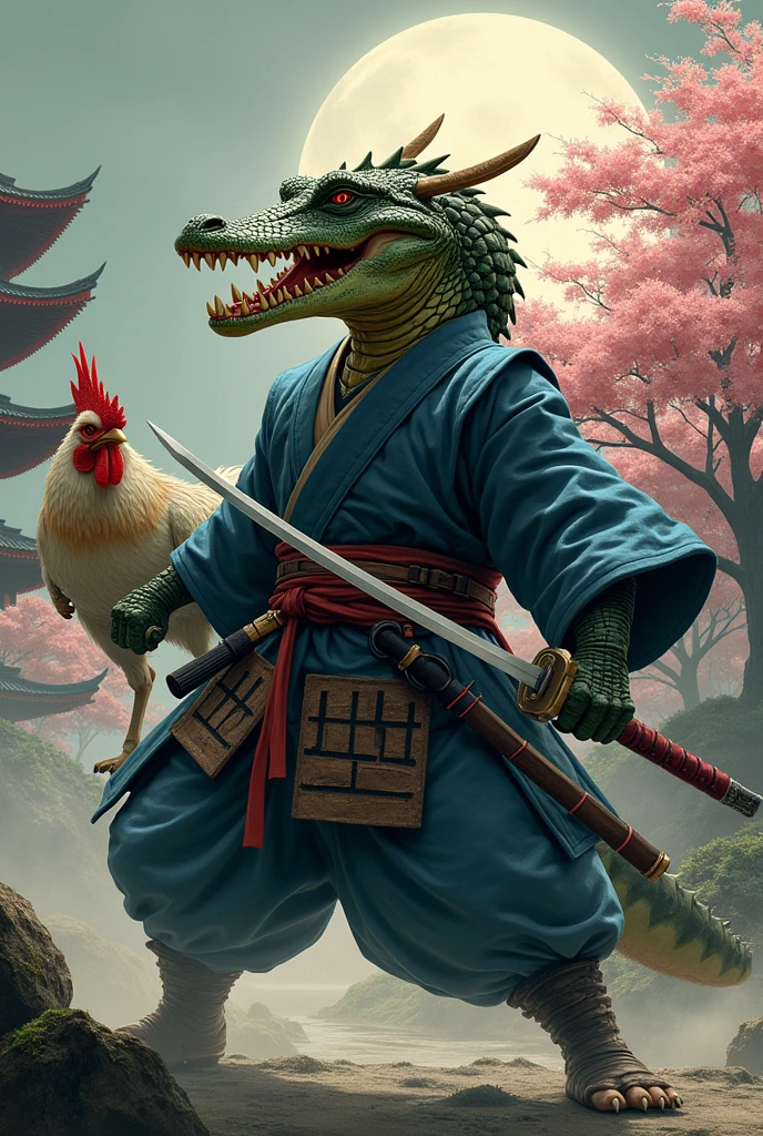 Crocodile samurai rooster shinobi Japanese anime style 