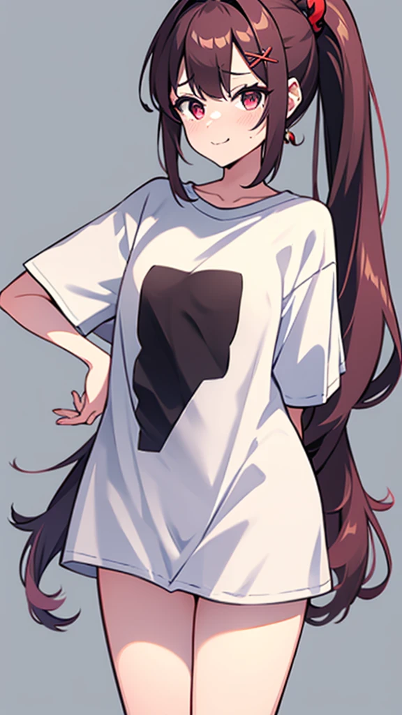 High tail hairstyle, two Ponytail hairstyle, Ponytail hairstyle, Long wavy black hair, standing posando, anime girl style, pixel art anime style,penetrating look with deep eyes,red and purple eyes, hair with a ponytail hairstyle trapped with a big red bun, women, red hair clips, x color shaped hair clips , smiling face blush, next to his bed, Black hair, thighs grandes, NSFW, from below, neckline, looking at the viewer, lascivious smile, ((oversized t-shirt)), off the shoulders, without pants, washing machines, thighs, ((White T-shirt)), standing, hands on the hips,