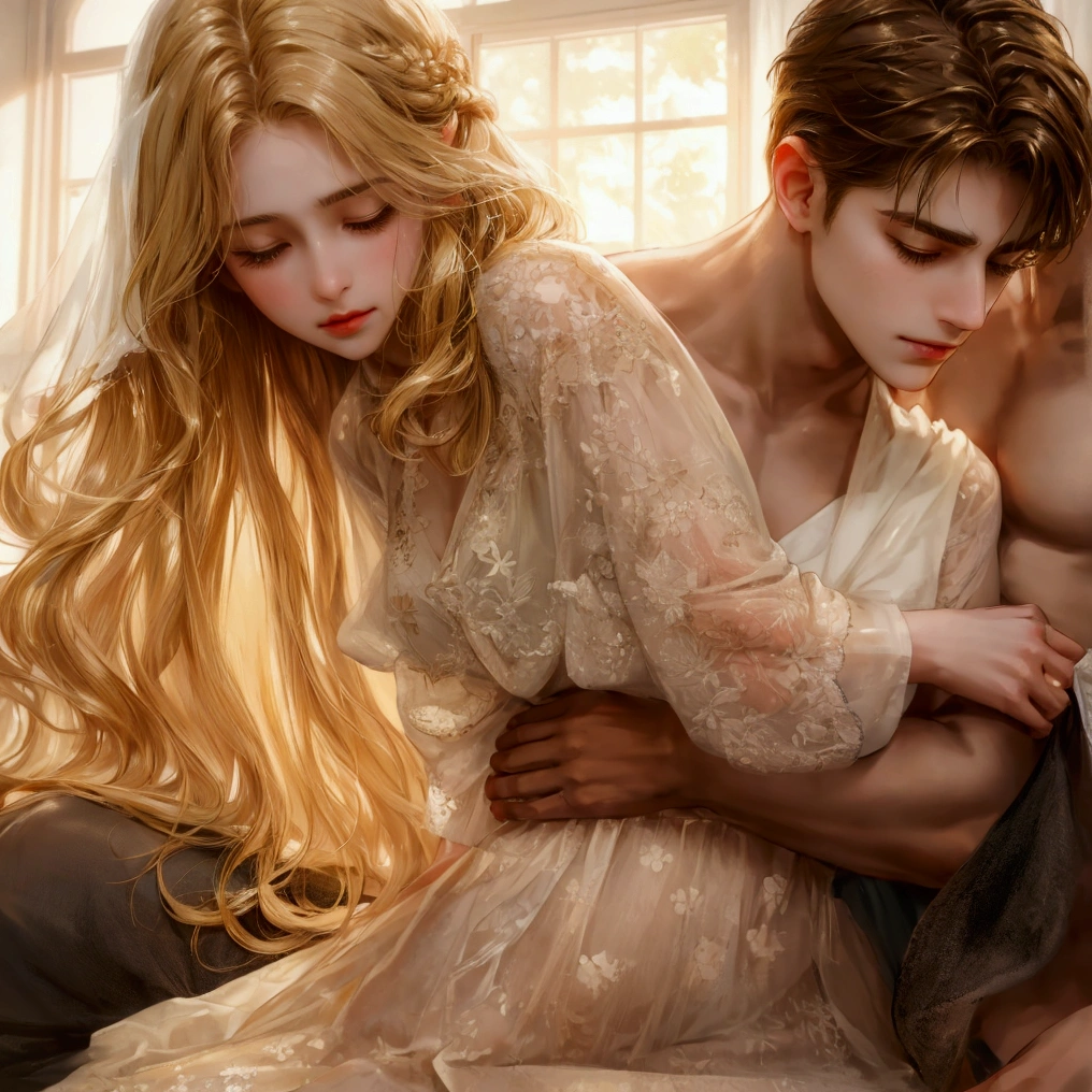 Pretty blonde girl hugging a tall brown-haired boy around the torso, She hides her head in his chest while he comforts her by hugging her. Melancholic aura, 4k.