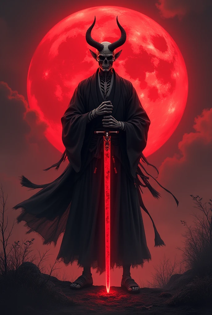 Upper Rank One Yoriichi Tsugikuni、Dressed in kimono,Holding a sword on a red moon background,The moonlight is in the middle of his body、He has a skeletal face。