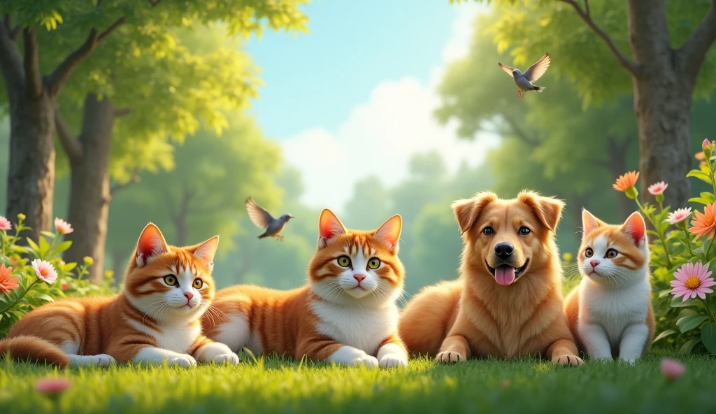 A beautiful outdoor scene featuring a group of (((ultra-realistic))) and (((detailed))) cats and dogs in a lush, green park during the morning. The animals interact naturally with their environment—cats lounging in the early sunlight, dogs playing together, and birds perched on tree branches. The image should have perfect lighting, capturing the soft, golden hues of the morning light, with every feature of the animals—eyes, ears, noses, fur, feathers, and limbs—being 100% accurate and lifelike. The background includes vibrant flowers, tall trees, and a clear blue sky, all contributing to a serene, peaceful atmosphere. The image should be sharp, hyper-realistic, ultra-realistic, high-quality, high-definition quality, 8K.