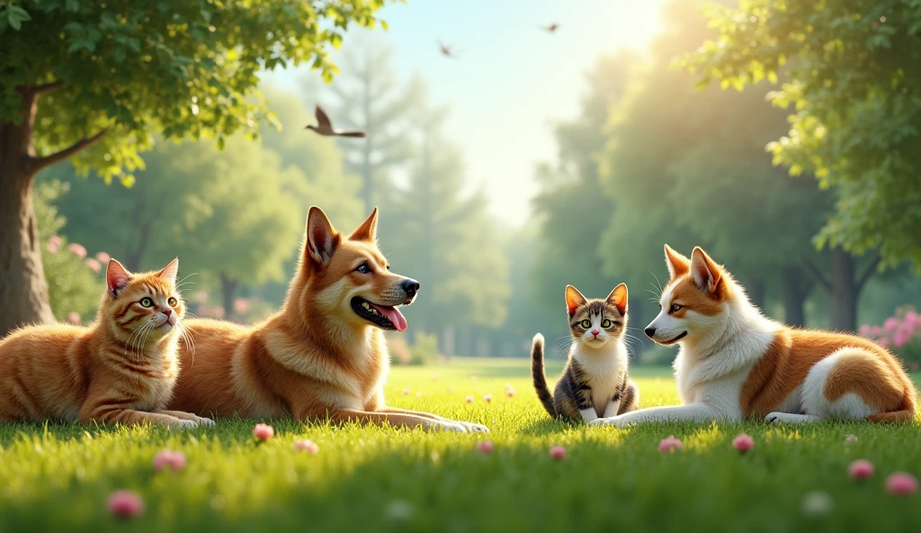 A beautiful outdoor scene featuring a group of (((ultra-realistic))) and (((detailed))) cats and dogs in a lush, green park during the morning. The animals interact naturally with their environment—cats lounging in the early sunlight, dogs playing together, and birds perched on tree branches. The image should have perfect lighting, capturing the soft, golden hues of the morning light, with every feature of the animals—eyes, ears, noses, fur, feathers, and limbs—being 100% accurate and lifelike. The background includes vibrant flowers, tall trees, and a clear blue sky, all contributing to a serene, peaceful atmosphere. The image should be sharp, hyper-realistic, ultra-realistic, high-quality, high-definition quality, 8K.