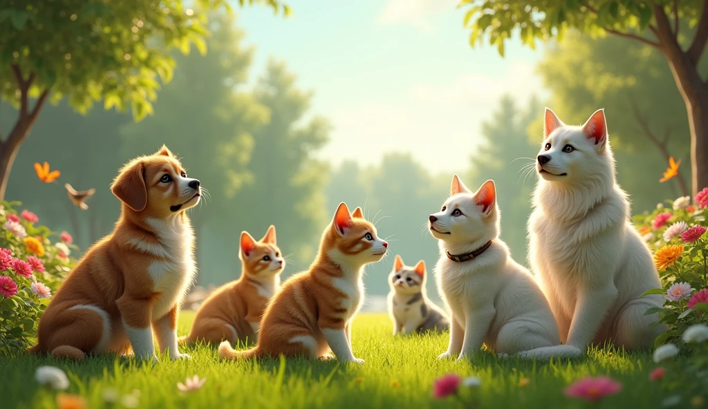 A beautiful outdoor scene featuring a group of (((ultra-realistic))) and (((detailed))) cats and dogs in a lush, green park during the morning. The animals interact naturally with their environment—cats lounging in the early sunlight, dogs playing together, and birds perched on tree branches. The image should have perfect lighting, capturing the soft, golden hues of the morning light, with every feature of the animals—eyes, ears, noses, fur, feathers, and limbs—being 100% accurate and lifelike. The background includes vibrant flowers, tall trees, and a clear blue sky, all contributing to a serene, peaceful atmosphere. The image should be sharp, hyper-realistic, ultra-realistic, high-quality, high-definition quality, 8K.