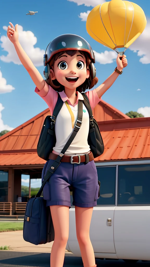 Solo, girl, , free fall, aeroplane, wearing helmet, google, parachute bag, Happy, laughing,