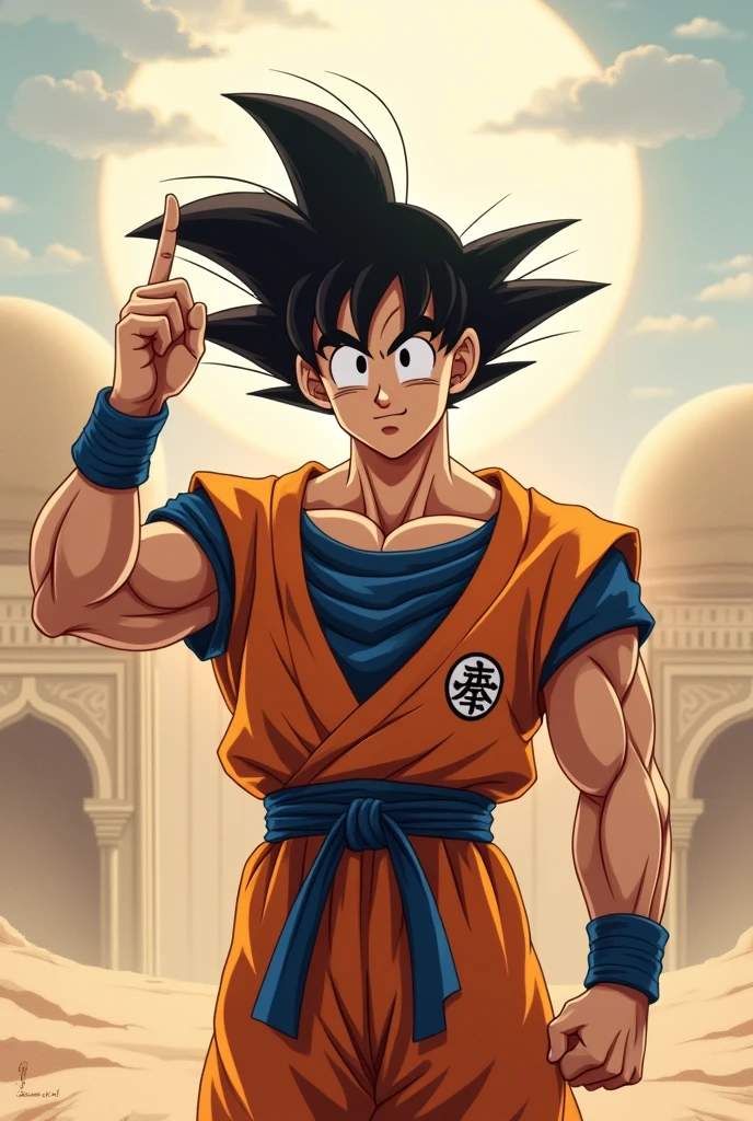 Generate me a picture of Son Goku where he points his index finger up and in which he looks muslim