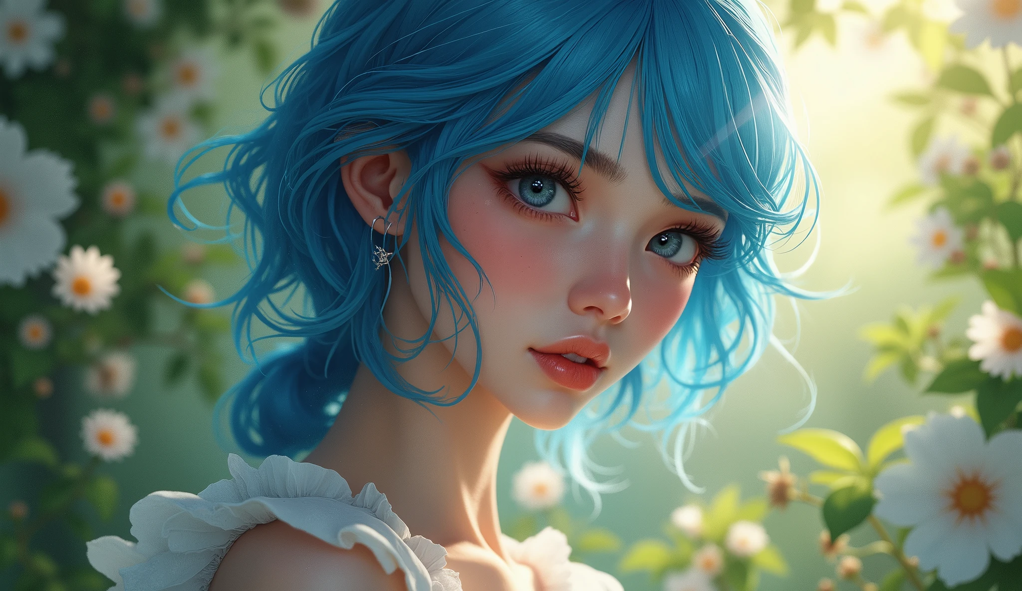 a beautiful blue-haired girl, beautiful detailed eyes,beautiful detailed lips,extremely detailed eyes and face,long eyelashes,highly realistic, photorealistic, intricate details, cinematic lighting, dramatic lighting, warm color tones, glowing skin, detailed clothing, elegant pose, serene expression, detailed background, lush garden, blooming flowers, sunlight filtering through trees