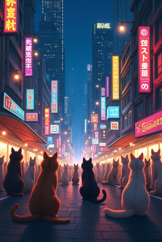 "Masterpiece" "Best composition" Many cats and dogs in the city, many buildings, at night, bright city, collect details.