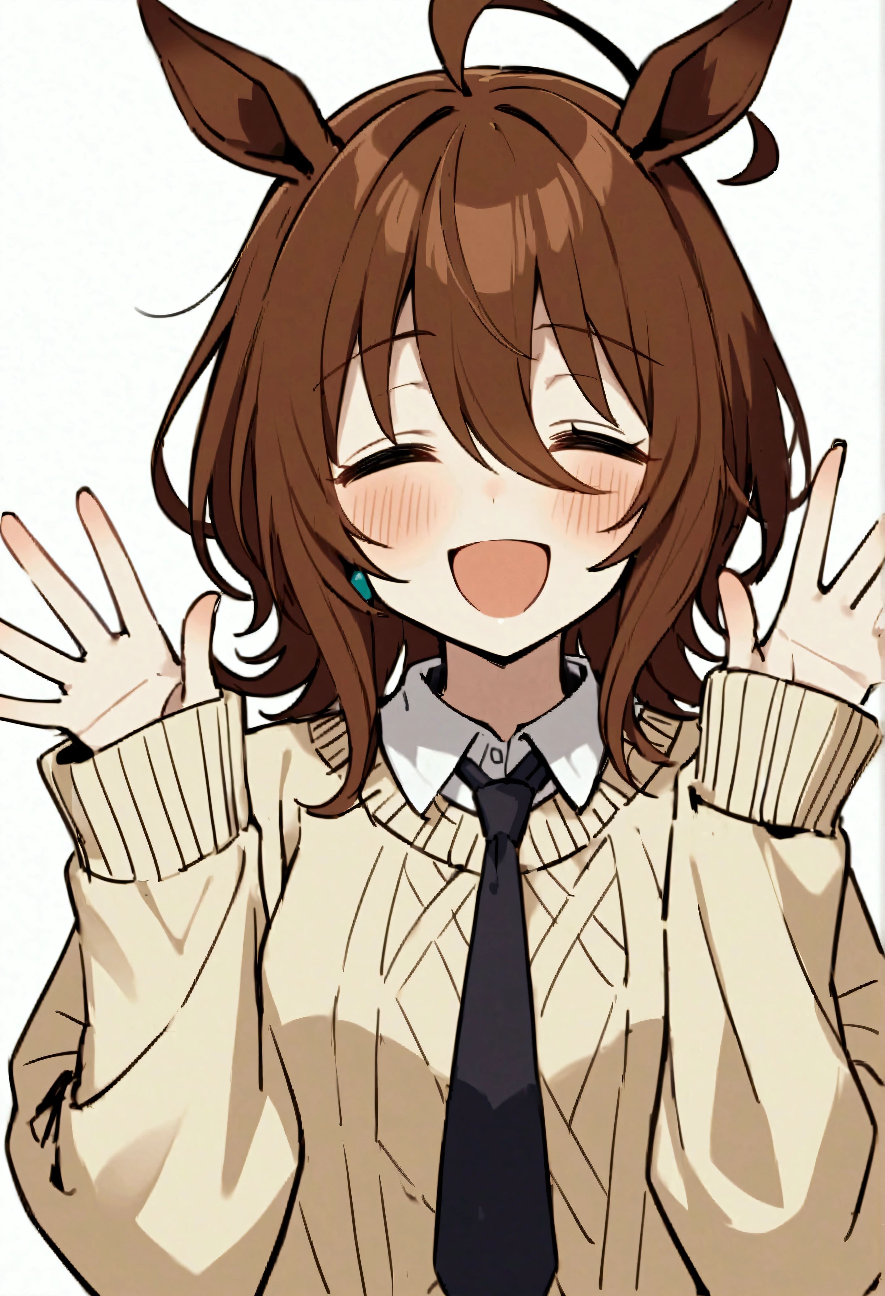 masterpiece、Highest quality、One person、Agnes Tachyon \(Horse Girl\)、solo、Animal ears、Horse&#39;s ears、Ahoge、Brown Hair、Sleeves longer than the fingers、Sleeves longer than the wrist、White、Simple Background、Open your mouth、smile、close your eyes、Upper Body、tie、黄色のsweater、Ma Niang、=_=、黒のtie、blush、bangs、Medium Hair、片方のEarrings、Earrings、jewelry、Long sleeve、shirt、Hair between the eyes、White、sweater