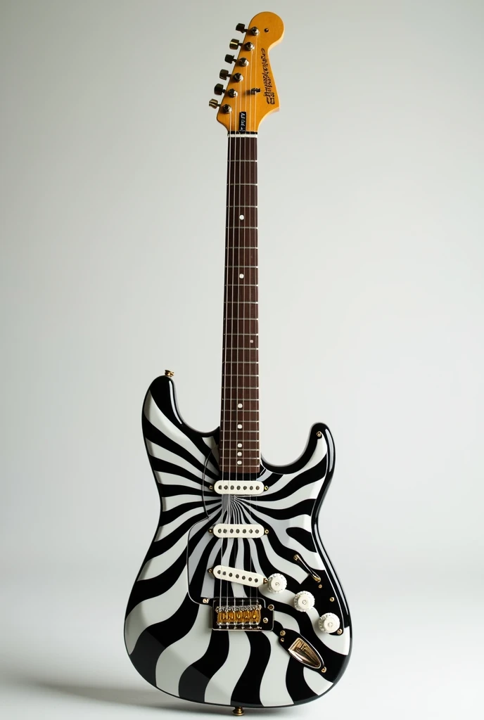 Fender brand stratocaster guitar with black and white geometric shapes on the pickguard only