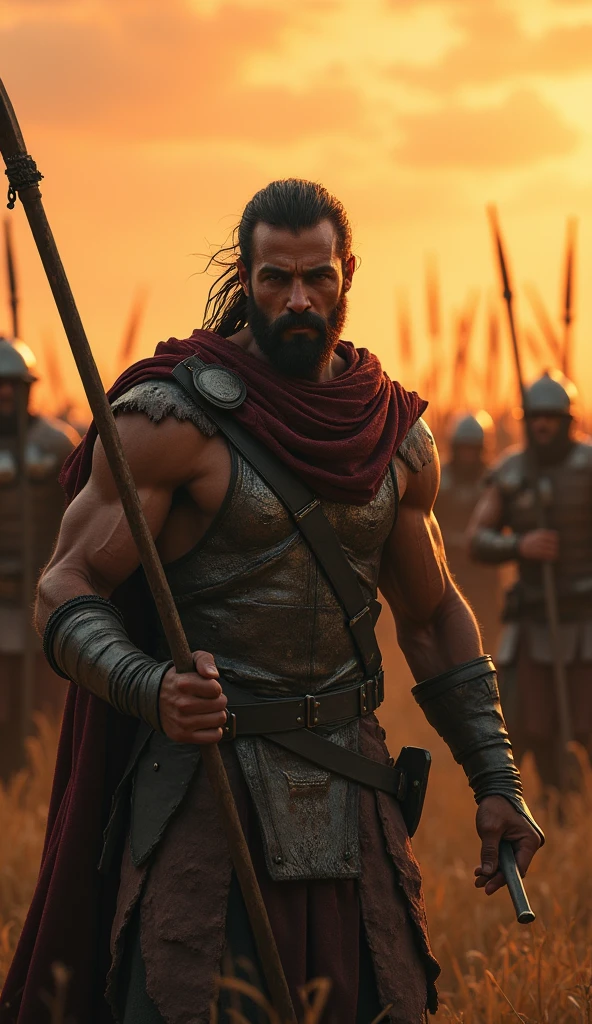 Ultra-realistic 8k Image, A scene with Uriah in Davidic clothing fighting bravely, while other soldiers retreat, leaving him vulnerable to being killed, in the background the cloudy sky in orange tones
