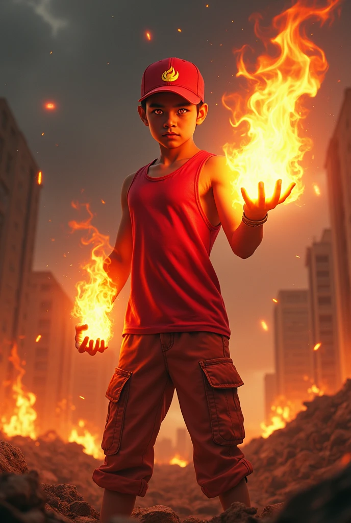a man real age age . 19 Malaysia Indonesia.(orange eyes) Glowing eyes. Anger face. Open mouth. . wearing an (ruby red ) singlet, (ruby red) cap with small logo (flame) logo. anger face . Dramatic.ruby red singlet ,(ruby red)cargo pant,, detailed face, cinematic lighting, dramatic atmosphere,.hot day. vibrant colors, 8k, high quality, photorealistic. Hero suit. fire flame from his hand. Glowing fireblast ember element from hand, ember everywhere . Glowing hand fire , flame patern logo design . Very strong. Future design dress. Very epic. Very hot background.. dark sky. Very strong . fire very strong . Flying burn dry leave everywhere.. fire ball sharp shape power from hand .rasengan . At city. Damage building. Floating small rock everywhere.