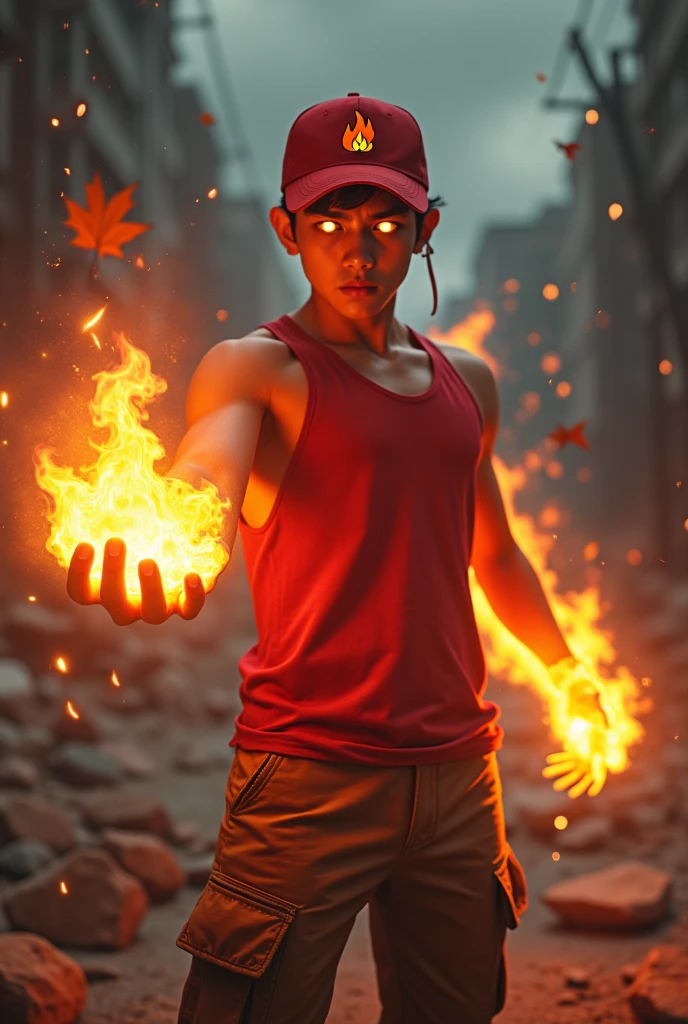 a man real teenage age . 19 Malaysia Indonesia.(orange eyes) Glowing eyes. Anger face. Open mouth. . wearing an (ruby red ) singlet, (ruby red) cap with small logo (flame) logo. anger face . Dramatic.ruby red singlet ,(ruby red)cargo pant,, detailed face, cinematic lighting, dramatic atmosphere,.hot day. vibrant colors, 8k, high quality, photorealistic. Hero suit. fire flame from his hand. Glowing fireblast ember element from hand, ember everywhere . Glowing hand fire , flame patern logo design . Very strong. Future design dress. Very epic. Very hot background.. dark sky. Very strong . fire very strong . Flying burn dry leave everywhere.. fire ball sharp shape power from hand .rasengan . At city. Damage building. Floating small rock everywhere.