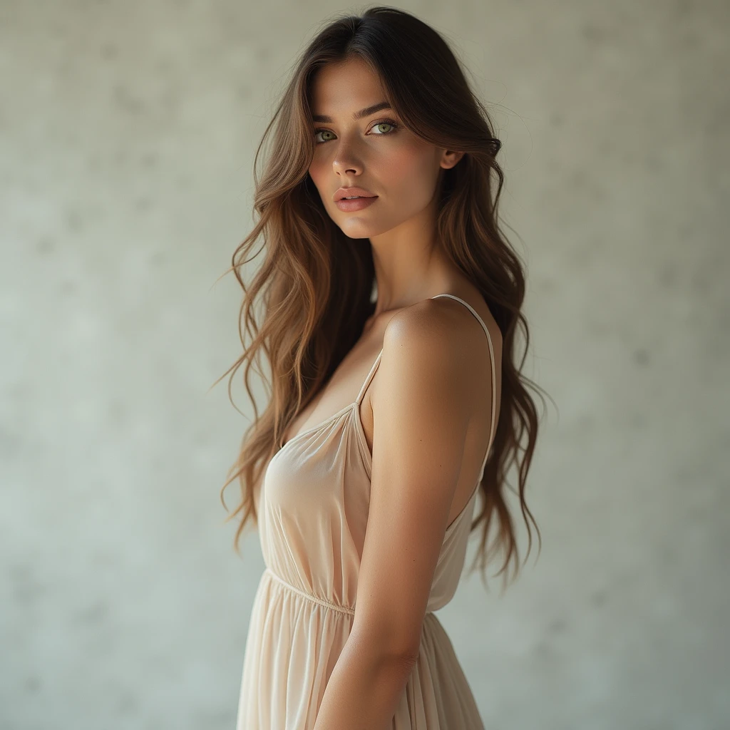 (photorealism:1.2), (full body shot:1.9) Beautiful, stunning, gorgeous, stunning woman, brown hair, green eyes, cleavage, slender legs, soft features, muse, goddess, realistic skin, extremely detailed full body shot of a strikingly stunning woman, sheer dress, studio photoshoot