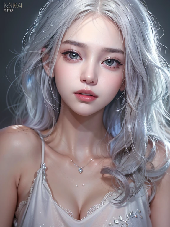 (masterpiece:1.3), (8k, Realistic, RAW Photos, Best image quality: 1.4), Fair-skinned fairy woman、Long Hair、Cleavage:2.0、Highly detailed face、Attention to detail、double eyelid、Chest to chest、Sharp focus:1.2、Beautiful woman:1.4、Silvery white hair、Highest quality、masterpiece、Ultra-high resolution、(Realistic:1.4)、Highly detailed and professionally lit smiles、Loose, Light, futuristic clothing、Shoulder out、thin、Serious expression、Short-haired、Deadly position, Gorgeous Accessories, One person 