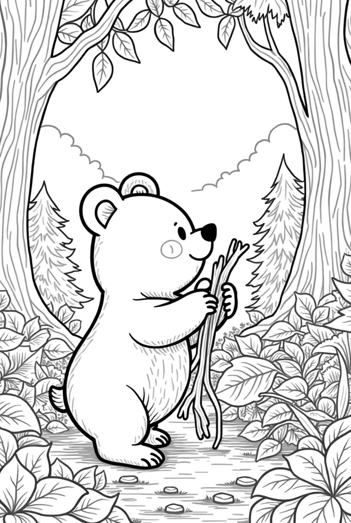 a coloring book of a  bear doing something by mixing some big leaves and branches using a vine on the huge forest, no color, white background, thick lines, strokes only, cartoon style