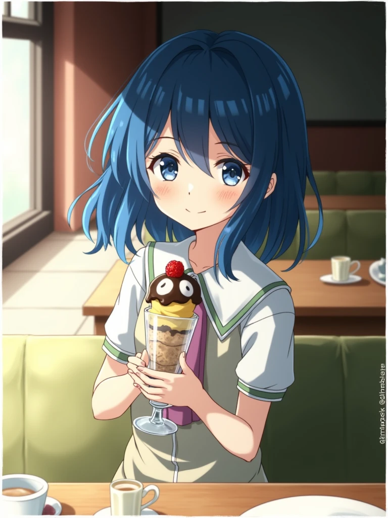 Blue haired anime character holding a glass of ice cream, Also, Cute anime visuals, Official Art, Kyoto Animation stills, Anime still film Anime colored paper, Young woman anime visual, Portrait of Mayuri Shiina, anime portrait of shiina Alsogo, Kyoto Animation key visual, Anime Moe Art Style, Official Anime Artwork