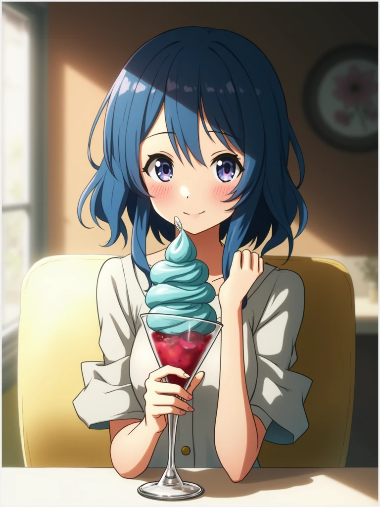 Blue haired anime character holding a glass of ice cream, Also, Cute anime visuals, Official Art, Kyoto Animation stills, Anime still film Anime colored paper, Young woman anime visual, Portrait of Mayuri Shiina, anime portrait of shiina Alsogo, Kyoto Animation key visual, Anime Moe Art Style, Official Anime Artwork