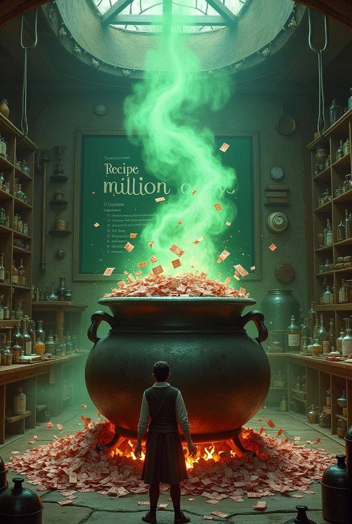 Imagine an aged metal cauldron, placed on a crackling fire in a sorcerer's apprentice laboratory. The cauldron is overflowing with blood-stained bills, which cascade around him. Green smoke is coming out of the cauldron, mingling with the other strange objects in the laboratory : potions, open grimoires, and various magical instruments. Through the smoke one can clearly see at the back of the room a blackboard on which is written in clear and legible characters: The recipe for a million. The whole thing is bathed in a subdued and mysterious light., adding a touch of adventure and magic to the scene.
