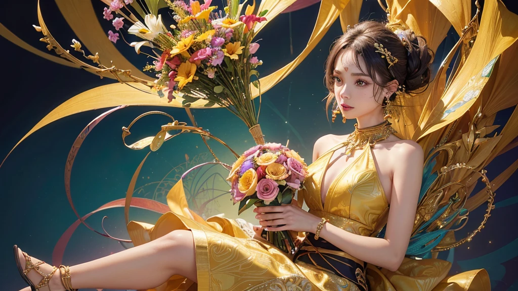 32K, 最高quality, 最高masterpiece, (ultra-Detailed Background, Detailed Background), High resolution, Super detailed, Very detailedな, 1 personの, (bouquet:1.3), (Tangled:1.2), (Geometric:1.2),(colorful),(masterpiece, quality, best quality, Official Art, Beautiful and beautiful:1.2), (1 person:1.3), Very detailed,(colorful:1.1)(Flowers:1.3),Most detailed,(Tangled:1.2), whole body, (Abstract background:1.3), (Skin glows), (Many colors:1.4), ,(Earrings Jewelry:1.5), Yellow background, It's imaginative., Milk tea colored hair, Updo,