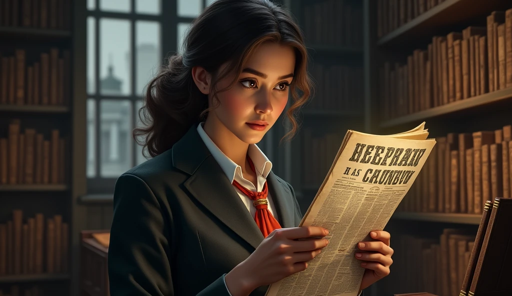 A librarian picking up a period newspaper,ultra-realistc,from totorreal,32K,she's not looking at the camera but the whole environment is kind of dark