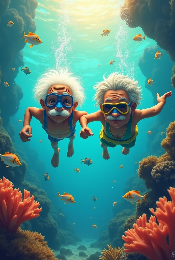 Albert Einstein snorkeling underwater whit machado de Assis 
