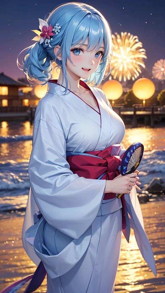 Best Quality,High resolution,8k,(plain white background, no patterns, no textures, just a plain white background:1.3),Masterpiece:1.2),beautiful girl,Big Breasts,(Shiny light blue hair:1.3),messy hair,Beautiful light blue eyes,A joyful girl dressed in a colorful yukata, her face lit up with excitement as she watches fireworks burst in the night sky behind her. She has a big smile, her eyes sparkling with delight as she points towards the sky. The vibrant colors of her yukata match the dazzling fireworks, creating a festive and lively atmosphere. Her hair is styled neatly, and she holds a small fan in one hand, capturing the essence of a perfect summer night filled with fun and laughter,Gentle look,A refreshing look,smile,Best quality,Best Quality,Aesthetic and aesthetic:1.2,Best details((Super detailed))(High-definition CG illustrations),Slender body