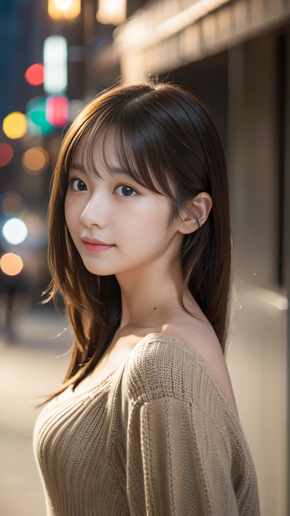 Flying debris、Highest quality、shape、 Very detailed、The finer details、 High resolution、8K デンデ wallpaper、完璧なダイナミックな構shape、24 year old beautiful girl、clear、Beautiful face in every detail、Beautiful eyes in every detail、Rough skin、A faint smile、Small breasts、Knitted dress、Neon Light、whole body