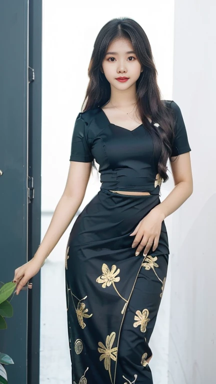 Burmese girl with attractive curvy full body. Friends full-length bikini, (green+black 🖤 dress) reflective long dress painted with flower patterns, only dress. hi gh hips High resolution High resolution natural background High resolution HD 3D, 8K cartoon anime