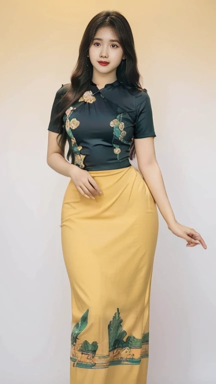 Burmese girl with attractive curvy full body.  Friends full-length bikini, (green+black 🖤 dress) reflective long dress painted with flower patterns, only dress.  hi gh hips  High resolution  High resolution  natural background  High resolution  HD  3D,  8K cartoon anime 