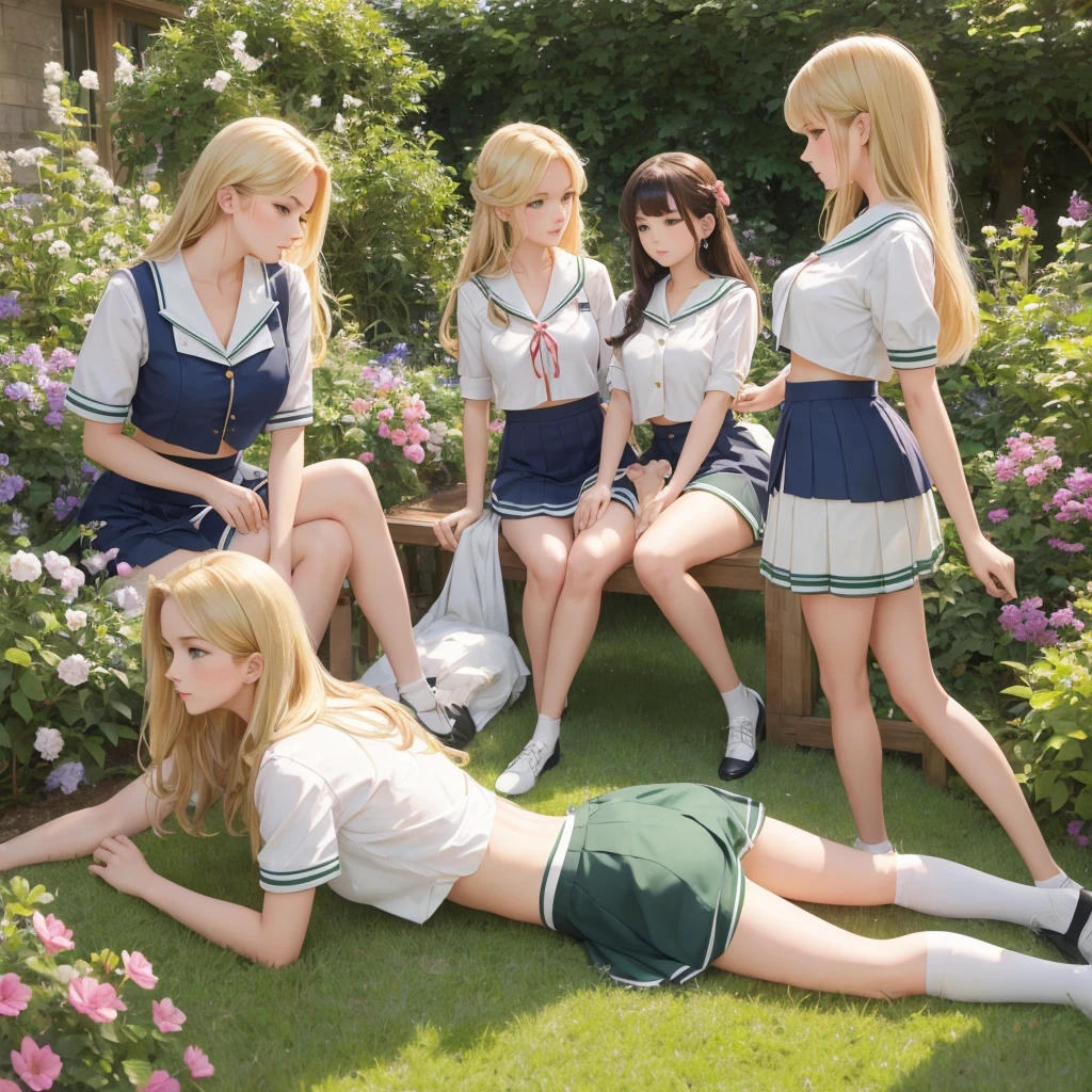 3 girls, organize , long hair, Big breasts , blush, blond, Green eyes, Sailor suit cropped top,1933 style,cute and beautiful girl,open collar shirt,In the garden,Beautiful long legs,High resolution, best quality, masterpiece, Lift up skirt, lift up top, reveal navel, miniskirt, lying on the wall, side view