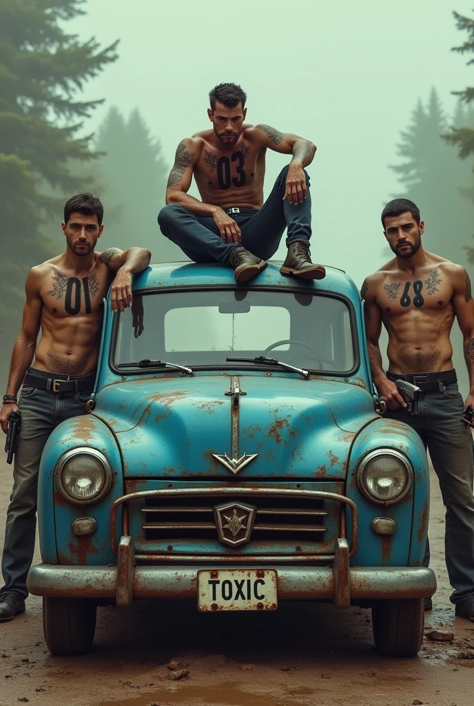 Generate a mobile size wallpaper of 3 men. The have their number tattoo like 01 , 03 , 08 respectively on their chest . Ensure that their tattoo are visible clearly. The 01 number men 
are sitting on the roof of old blue dacia car and smoking a cigarette  in up head style. One of them is standing at left side of car and other one is on right side with s. TOXIC are printed on the car number plate .This are are situated in infected area.