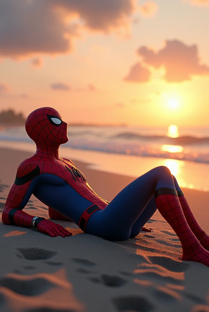 Create Spider-Man sitting on his back on the beach at dusk 