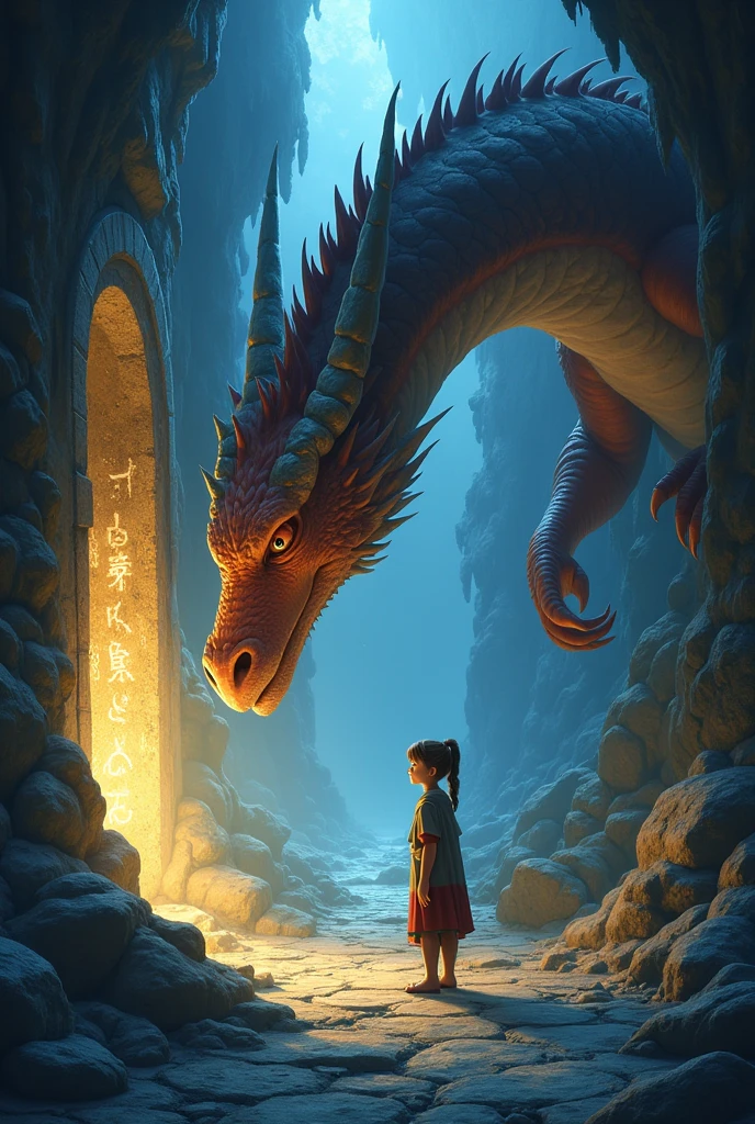 "Illustrate a mystical scene where the dragon, ancient and wise, reveals hidden secrets of the mountain to the young girl. The dragon’s massive claw gently points to ancient runes and symbols glowing on the cavern walls, while the girl listens intently, her eyes filled with wonder and understanding. The cavern is vast, with intricate tunnels leading to hidden chambers filled with more treasures and magical artifacts. The air is thick with mystery, as faint, ethereal lights illuminate the secrets that have been kept for centuries. The atmosphere is one of discovery, knowledge, and the deep bond between the girl and the dragon as they explore the mountain’s hidden depths together."