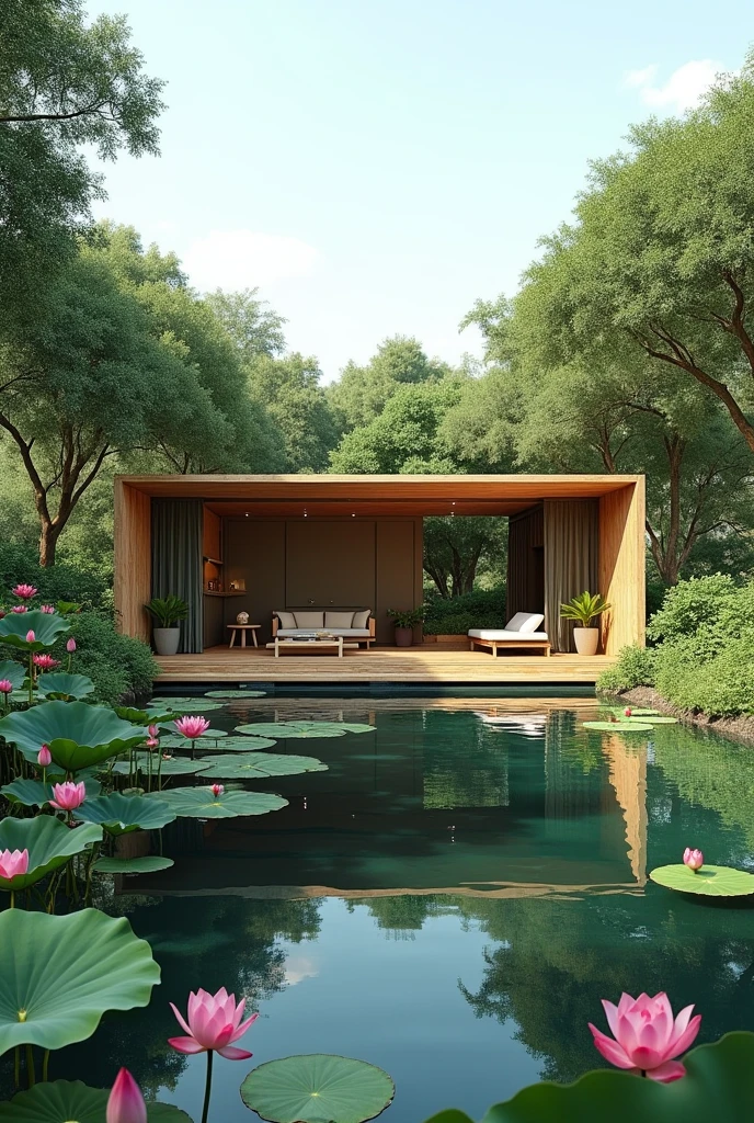 40-foot container house, single floor, with a sitting area. In front is a large rectangular lotus pond, size 300 square meters, surrounded by fruit trees and flowers.