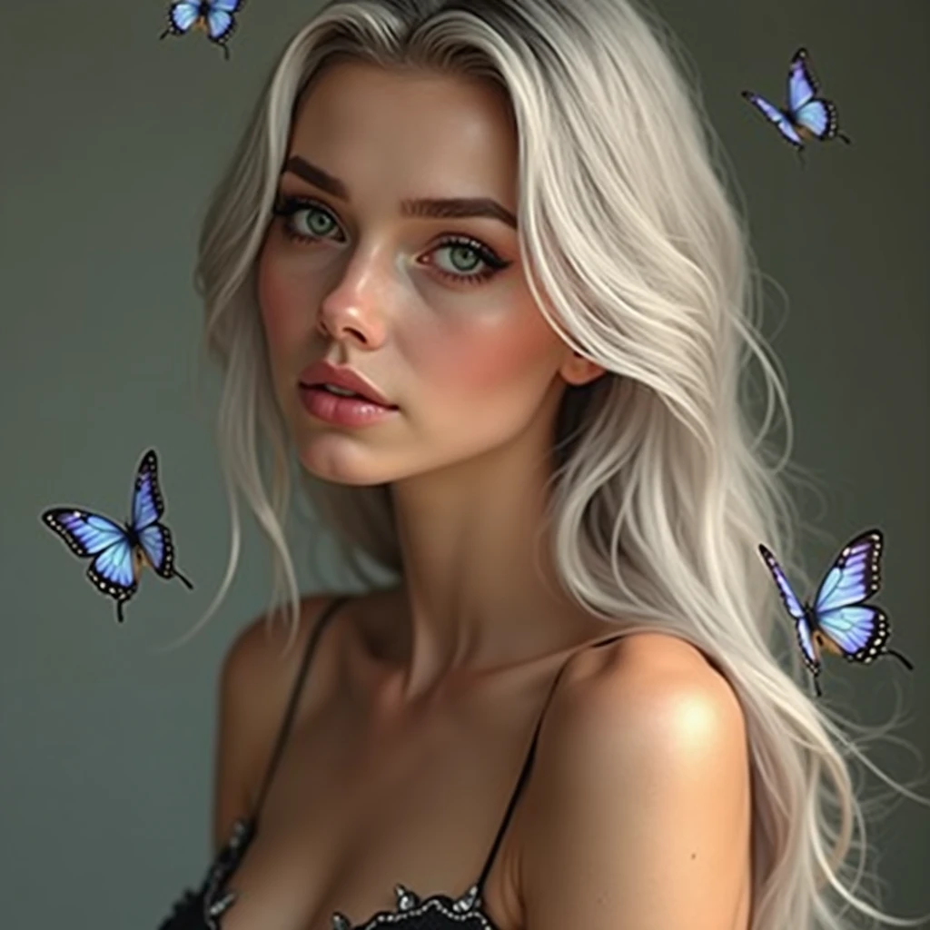 ((masterpiece)), (((best quality))), ((extremely detailed)), colorful, hdr, 1girl, solo, upper body, grey hair,green eye, luotianyi (xiachong),xiachong, black and purple dress, (blue butterfly), white butterfly wings
