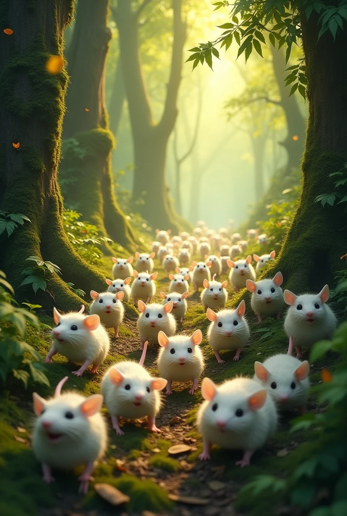 Many white mice ran through the forest