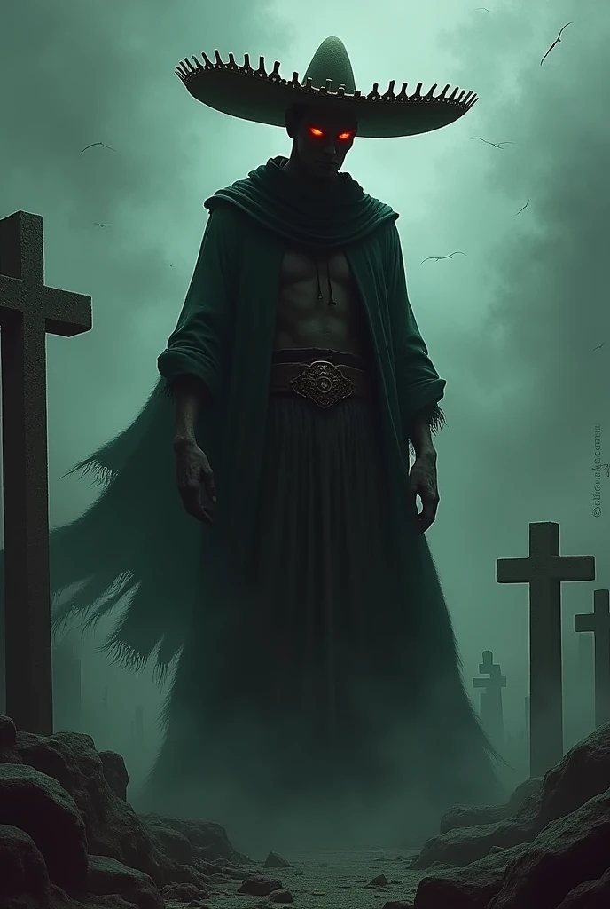 man with a hard and evil look and a tall, somewhat thin, evil appearance with Mexican clothing in a grave dead 