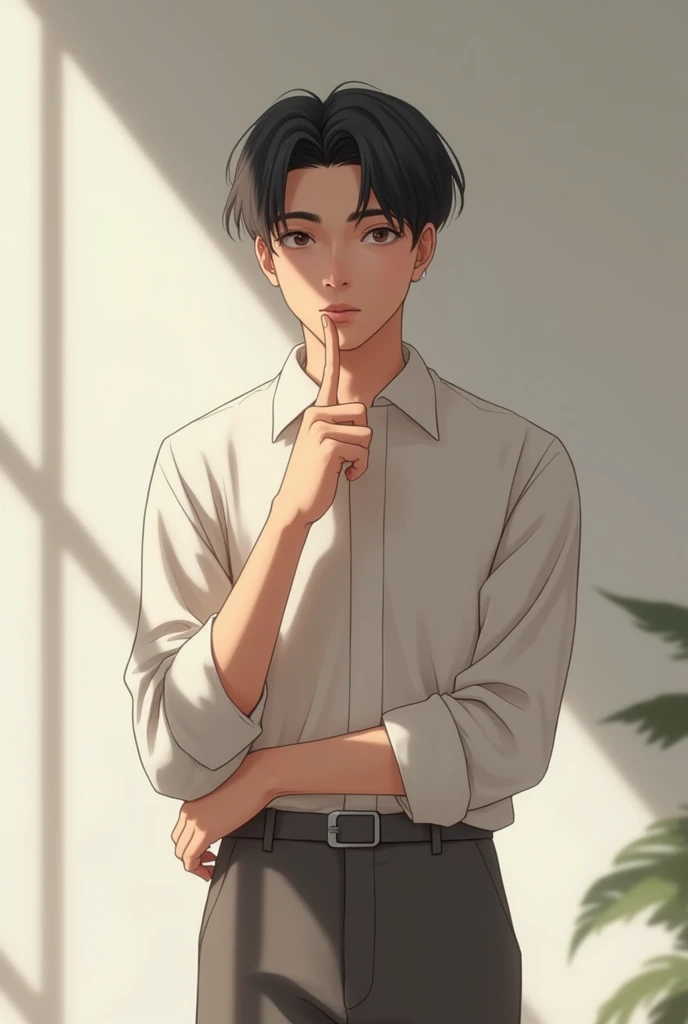 A young man standing finger on his lips