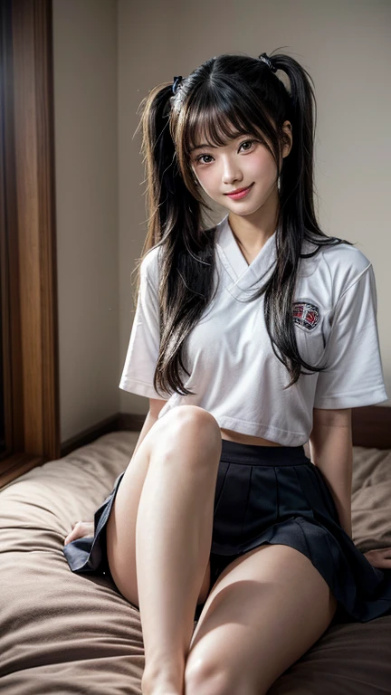 High resolution, Super detailed, Realistic,Sports underwear、 1 beautiful Japan schoolgirl, Highly detailed beautiful face, Straight hair, Twin tails、Black Hair, Beautiful feet, A light smile, Bedroom