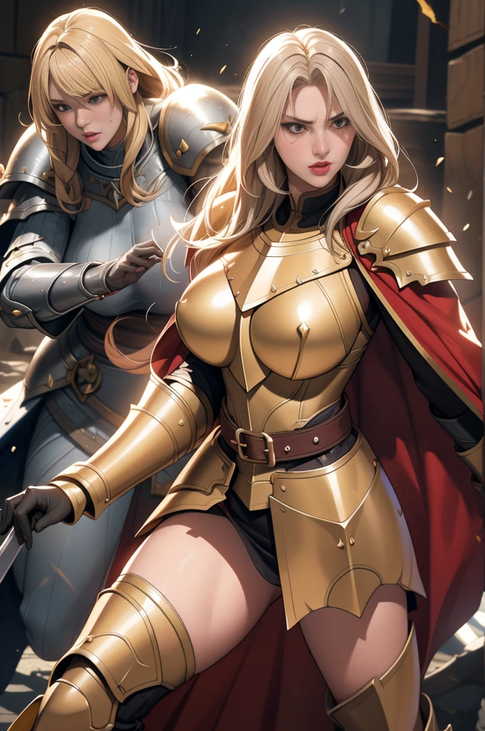 Browsing Caution,Female Paladin, Beautiful Face, blonde, Big Breasts, golden plate armor, Broken Armor、Red cape with belt,Torn Cloak, Large two-handed mace, Soft lighting, Ultra-fine detail, photo Realistic, World of Warcraft, Highest quality,Very detailed,Realistic,(Female Paladin),(((Intense Battle)))),(Dramatic lighting),((((battlefield)))),(Sharp focus),(Paladin'Determined expression),(Thick armor),(Wielding a weapon),(Forest Background),(Grand collision),(flying debris),(martial arts),(Body movements),(High resolution textures),(Emotionally charged battle),(Powerful hit),(Tense atmosphere),(Fierce confrontation),(Action-packed),(Vibrant colors),(Dynamic pose),(Fearless),(Heroic Battle),(Muscular physique),(Warrior's battle cry),(intense energy),(Paladin'Victory),(Sweat and blood),(Hand-to-hand combat),(Paladin Dexterity),((Battle scars:1.11)),(Paladin Battle Cry),(Paladin fighting stance),(Awe-inspiring),(Detailed facial features),(Female Paladin's determination),(((Epic battle scenes:1.3))